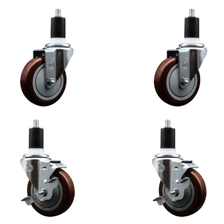 Service Caster 4'' SS Maroon Poly Wheel Swivel 1-1/2'' Expanding Stem Caster Set 2 Brakes, 4PK SCC-SSEX20S414-PPUB-MRN-2-TLB-2-112